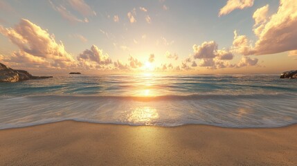 Sunset over calm ocean waves at serene beach