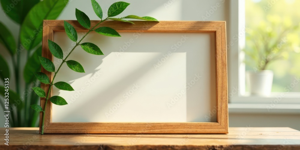 Poster A simple wooden frame rests on a sunlit table, adorned with a vibrant green vine, creating a serene and minimalist scene