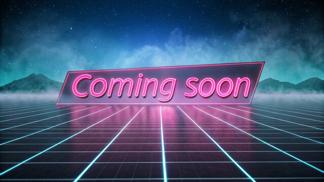 "A retro 80s-style neon 'Coming Soon' sign with a pink-to-blue gradient, shining against a dark vaporwave-inspired grid backdrop." - Powered by Adobe