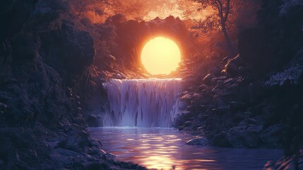 Sunset illuminates waterfall through rock arch.