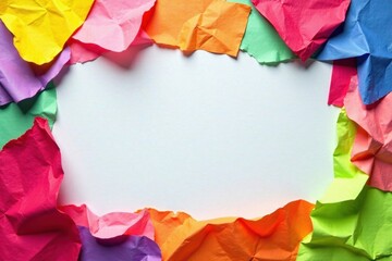 Obraz premium A vibrant border of crumpled colorful papers surrounds a blank central space, ideal for text or images, showcasing a playful and creative design element.