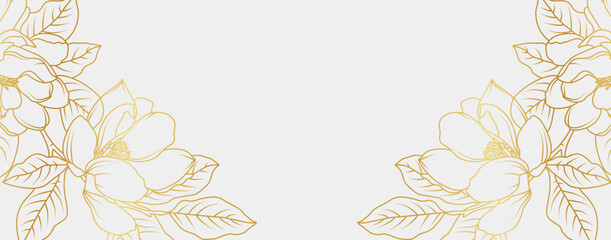 Luxury gold magnolia flowers background. Floral pattern tropical in line art style for greeting, invitation, wedding card, wall art, wallpaper and print. Vector illustration © abcvector