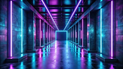 Futuristic Neon Corridor with Vibrant Purple and Cyan Lighting Reflecting on Wet Floor