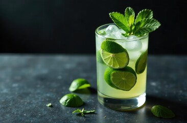 Mojito cocktail on dark stone table. Top view with space for your text