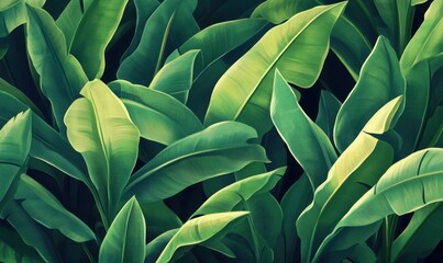 Fototapeta premium Lush green banana leaves background, tropical foliage, nature texture, for design