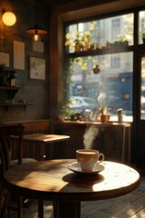 Fototapeta premium Coffee cup with steam in a cozy cafe during the day