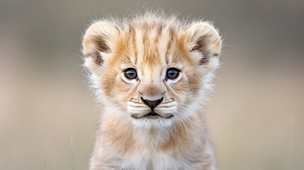 Adorable lion cub portrait, African savanna, wildlife