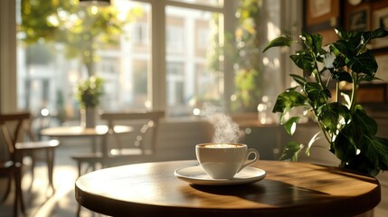 Fototapeta premium Warm coffee on a table in a cozy café during morning light