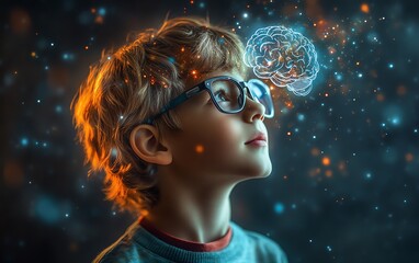 Young boy with glasses, a brain sketch floating above his head, representing cognitive development and learning, vibrant modern design