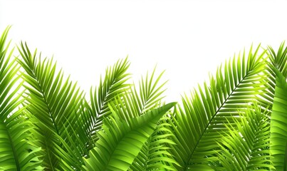 Fototapeta premium Lush green palm fronds border, tropical summer, white background, nature design