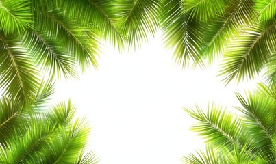 Lush green palm fronds frame white space; tropical background for summer designs