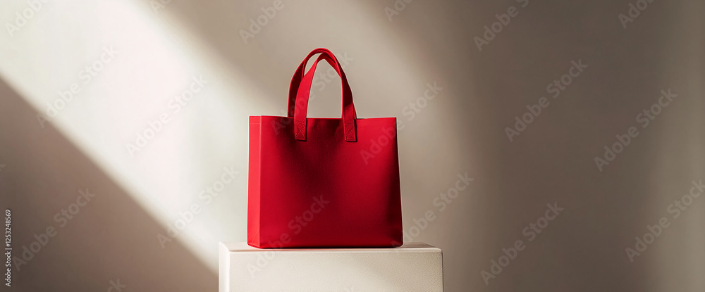 Poster a red tote bag displayed on a beige pedestal with soft lighting, emphasizing its clean and minimalis