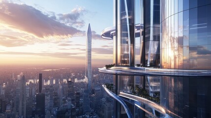 Futuristic skyline featuring modern skyscrapers and elevated platforms at sunset