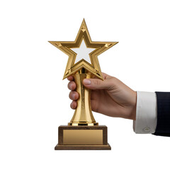 Human hand holding a golden star trophy isolated on a clean PNG background, symbolizing achievement and success, ideal for award ceremonies, victory celebrations, and recognition-themed designs.