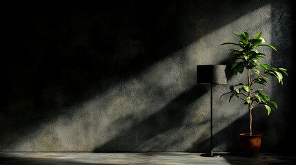 Sunlit room, plant, lamp, dark wall, interior design mockup