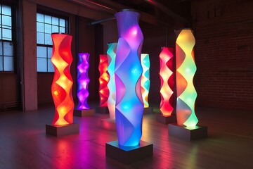 An industrial loft space showcasing abstract light sculptures that shift colors, enhancing the modern interior design and creating a captivating atmosphere.