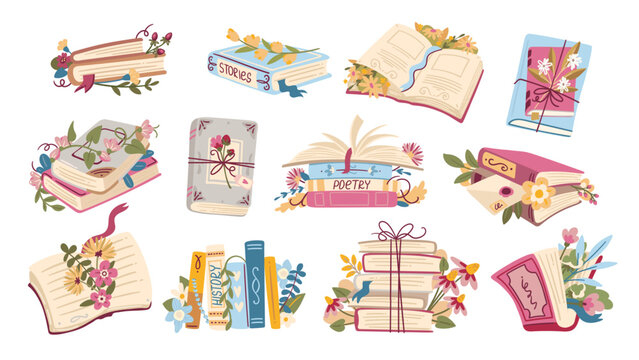 Naklejki Open and closed paper cartoon books and literature stacks with flowers set. Funny old literature for reading. Reader club, festival mascots, cartoon cute floral bouquets with books vector illustration