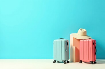 Suitcases with beach accessories on blue background with space for text 