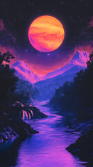 Naklejka premium A synthwave landscape with purple mountains and palm trees 