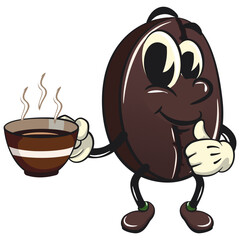 cute coffee beans vektor illustration mascot character handing a cup of hot coffee with a thumbs up, work of hand drawn