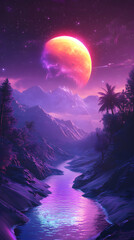 Fototapeta premium A synthwave landscape with purple mountains and palm trees 