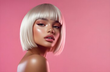 Beautiful girl with a blonde bob haircut, perfect skin, and makeup on a pink background. The hair color has a silver-white ombre effect. This is a beauty fashion model portrait. Generative AI.