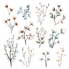 Watercolor cotton and floral sprigs, design elements, white background, crafting