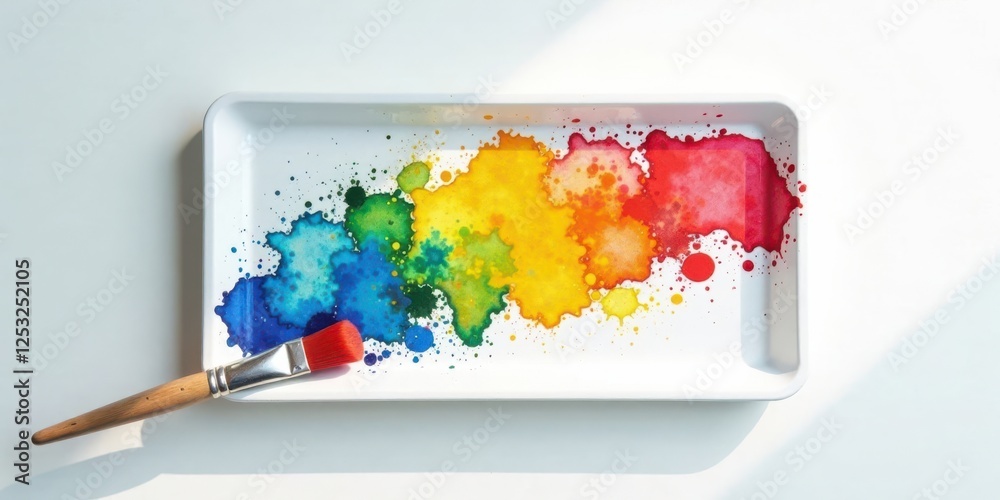 Aufkleber vibrant rainbow watercolor splashes on a white rectangular palette with a paintbrush