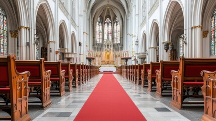 Fototapeta premium Grand Church Interior With Red Carpet And Stained Glass Windows