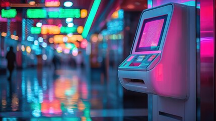Obraz premium Neon Lit Cityscape With Automated Kiosk Machine