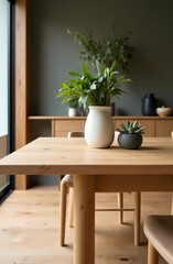 Wood Kitchen Furniture surrounded by eco-friendly materials and products, plants, minimalist design, eco-friendly approach to kitchen furnishings
