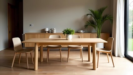 Wood Kitchen Furniture surrounded by eco-friendly materials and products, plants, minimalist design, eco-friendly approach to kitchen furnishings