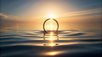 Golden ring floats serenely on tranquil waters at sunset, reflecting the sun's warm glow, creating a peaceful and ethereal scene.