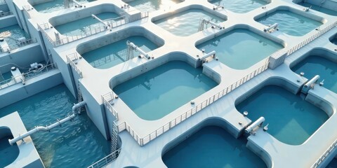 An Aerial Perspective of a Modern Water Treatment Facility Featuring a Network of Rectangular Reservoirs and Interconnecting Pipelines for Efficient Water Processing and Distribution