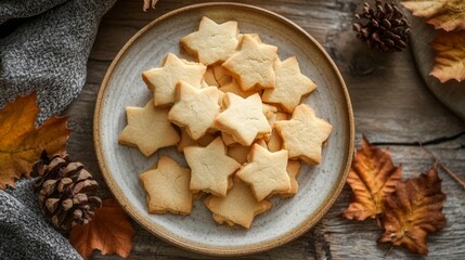 Fototapeta premium Golden Maple Shortbread Cookies on Rustic Wooden Background