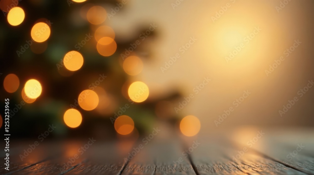 Poster warm festive glow on rustic wooden surface with out-of-focus illuminated evergreen branches