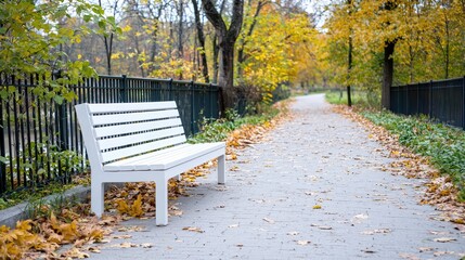 Fototapeta premium Autumn park bench path, fall leaves, peaceful scene, relaxing