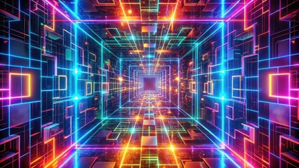 Abstract Neon Grid Corridor A Futuristic Digital Landscape of Vibrant, Interconnected Lines and Glowing Squares