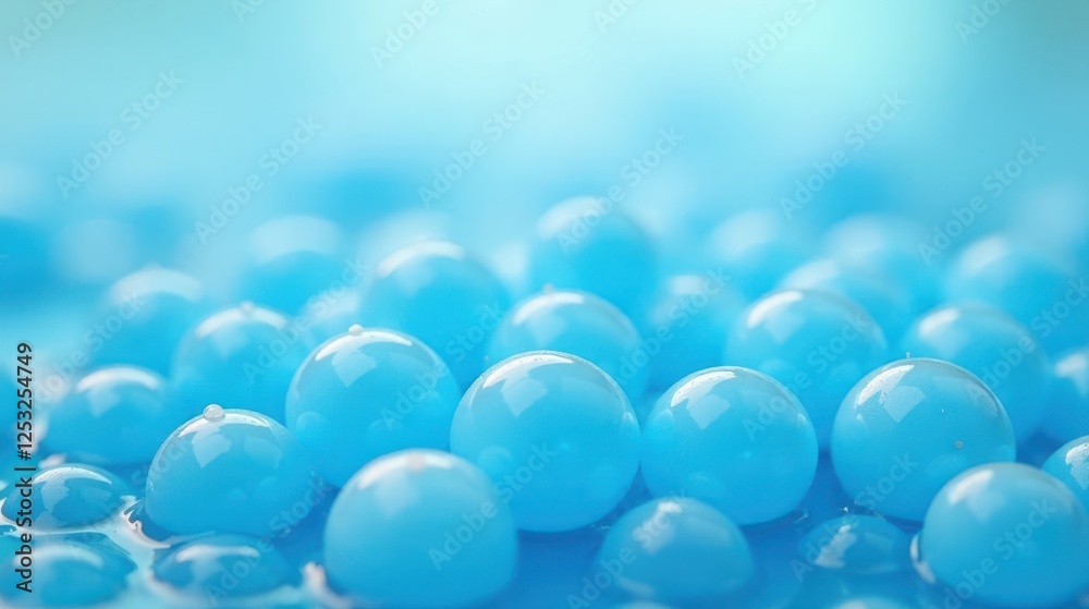 Poster Close-up view of many translucent, spherical objects clustered together, displaying a serene and calming light blue hue.