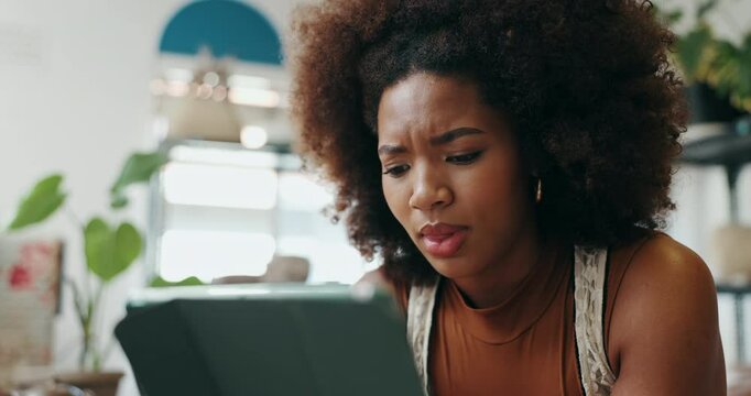 Frustrated woman, mistake and stress with tablet in ceramic store for wrong order, inventory or expenses. Female person, business owner or fail with technology for bad news or debt at pottery shop