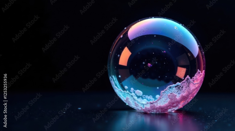 Poster A luminous orb, iridescent and ethereal, rests on a dark surface, its lower edge adorned with a delicate, textured frost; a mesmerizing study in light and form.