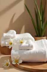 A spa salon, with flowers and eco-friendly bathroom supplies, white towels and bottles, a minimalist aesthetic for a spa salon