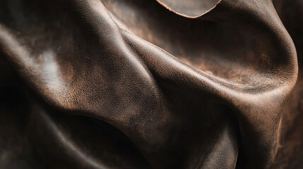 Close-up view of soft, smooth brown leather with elegant folds and wrinkles, highlighting the rich texture and luxurious appearance of high-quality leather material.