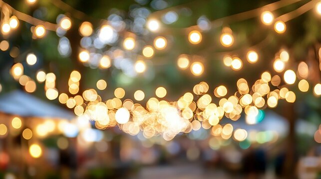 Blurred outdoor market scene at night, string lights bokeh.