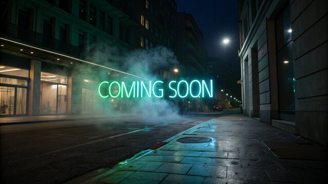"A pulsating neon 'Coming Soon' sign in electric green and blue, surrounded by fog on a dark urban street with a cinematic feel."