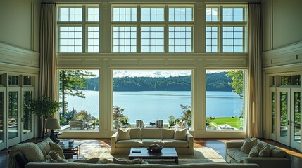 A luxury home boasts energy-efficient windows that modulate their tint according to the sun's angle, maximally letting in light while minimizing heat intake