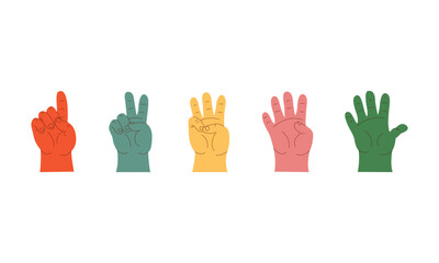Minimalist flat-style illustration of five colorful hands showing finger counting from one to five. Perfect for educational materials, learning visuals, infographics, school resources