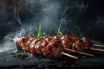 Grilled meat skewers with rosemary and smoke on dark background