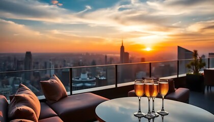 Rooftop Sunset Cityscape with Champagne Glasses