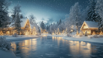 Fototapeta premium serene winter landscape featuring snow covered trees and cozy cabins adorned with festive lights, reflecting beautifully on frozen river under starry night sky